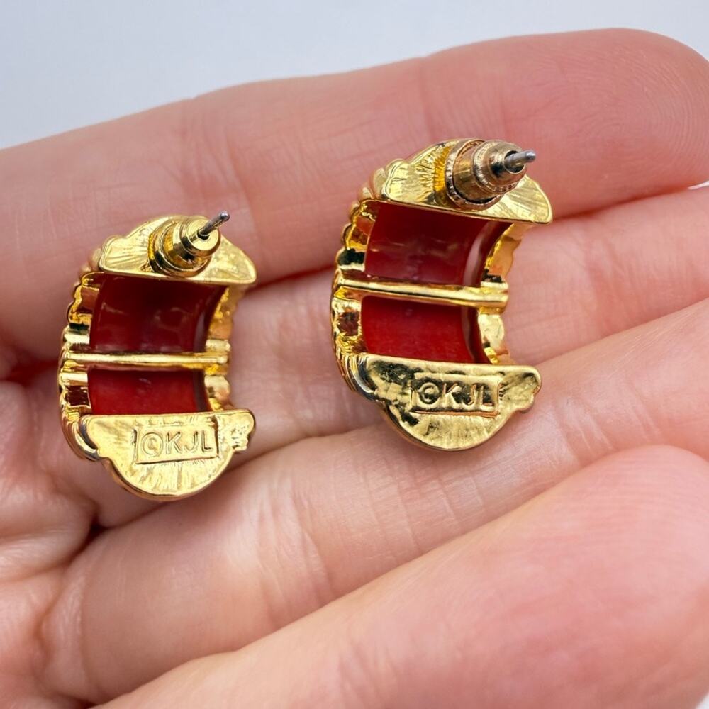Vtg Kenneth Jay Lane (Kjl) Red Half Hoop Earrings… - image 4
